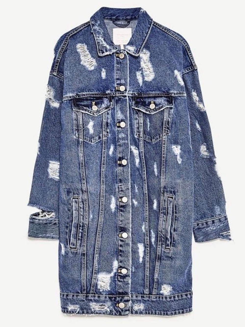 Zara Distressed Long Denim Jacket - Blue